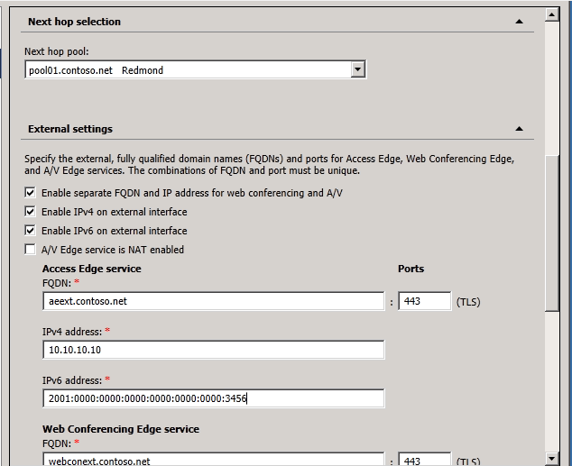 Lync Server next hop/external configuration page