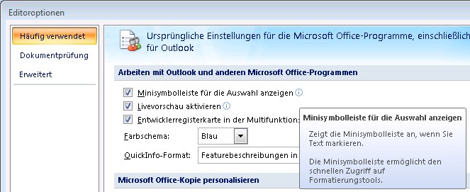 Einstellung der Minisymbolleiste in den Outlook-Editor-Optionen