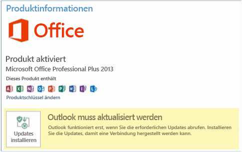 Office-Registerkarte "Konto": Outlook muss aktualisiert werden