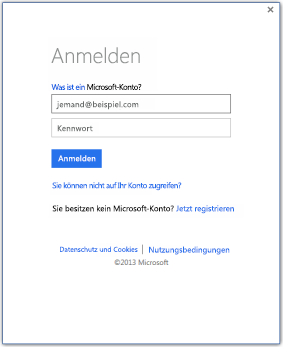 Ein Screenshot eines Anmeldefensters, in dem Sie sich mit Ihrem Microsoft-Kontonamen bei Office 2013 anmelden können.