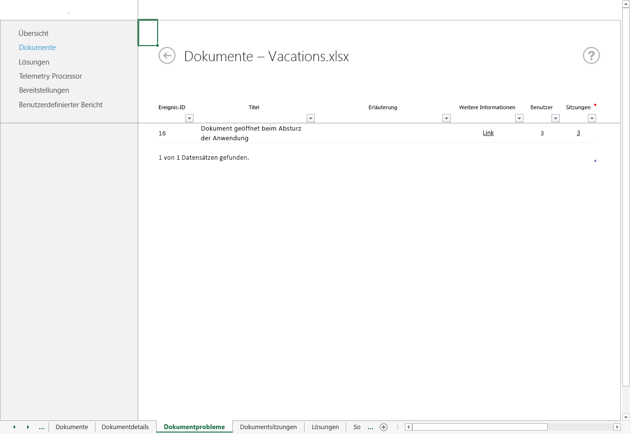 Ein Screenshot des Arbeitsblatts "Dokumentprobleme" im Office-Telemetriedashboard.