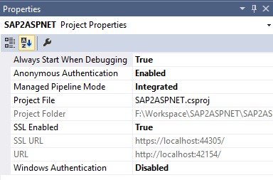 Project Properties dialog box of the SAP2ASPNET project
