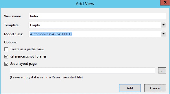 Add View dialog box in Visual Studio