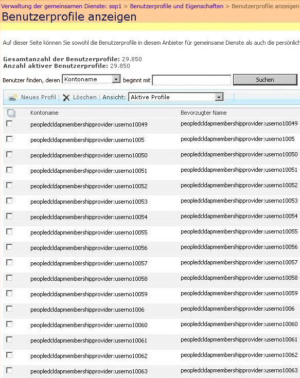 Verwaltung der gemeinsamen Dienste – Benutzerprofile anzeigen