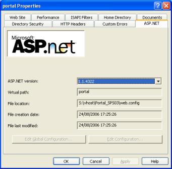 Websiteeigenschaften – Registerkarte 'ASP.NET'