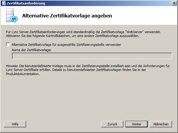 Alternative Zertifikatvorlage angeben (Dialogfeld)