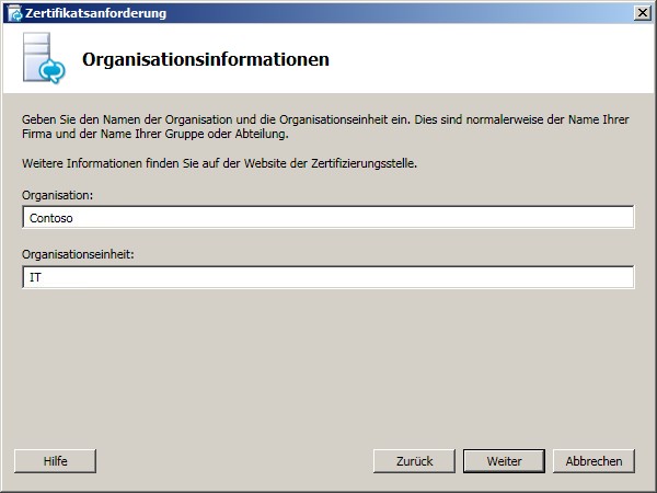 Organisationsinformationen (Dialogfeld)