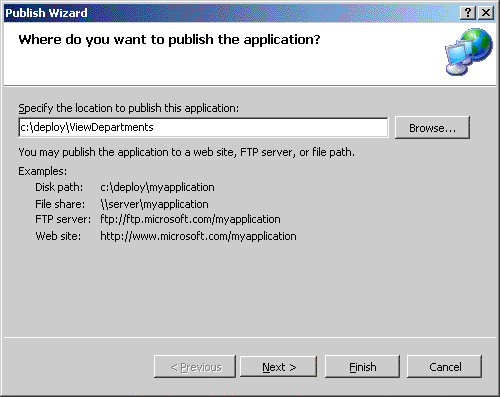 Webpublishing-Assistent: Wo möchten Sie die Anwendung veröffentlichen?