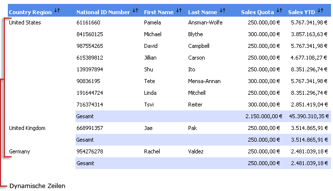 Tabellenbericht mit Daten