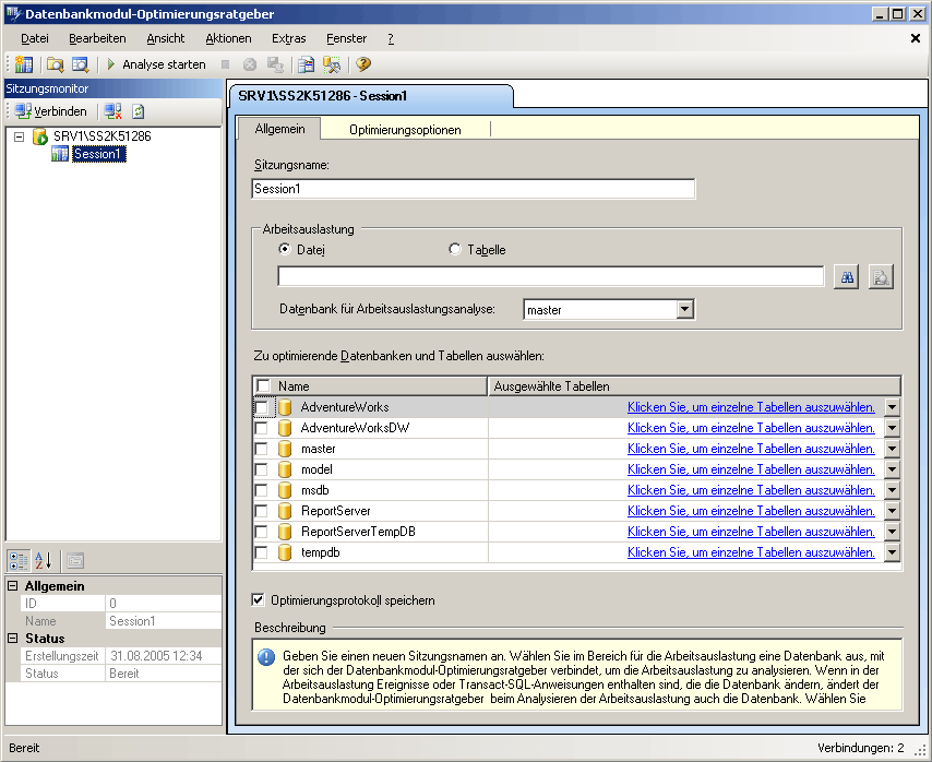 Datenbankmodul-Optimierungsratgeber (Standardfenster)