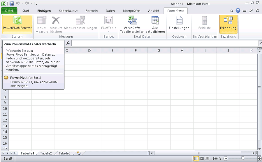 Registerkarte 'PowerPivot' im Excel-Menüband
