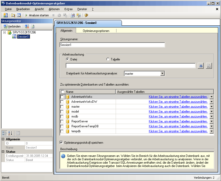 Datenbankoptimierungsratgeber (Standardfenster)