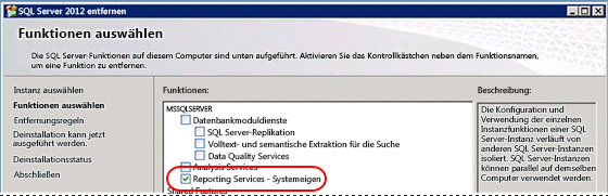 SQL-Deinstallation – Auswahl der zu deinstallierenden Funktionen