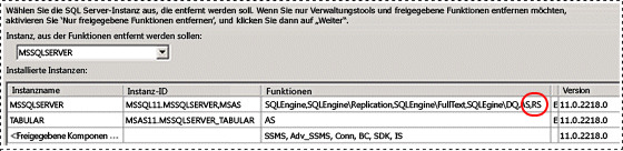SQL-Deinstallation – Instanzauswahl