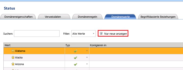 Kontrollkästchen "Nur neue anzeigen" für Domänenwerte