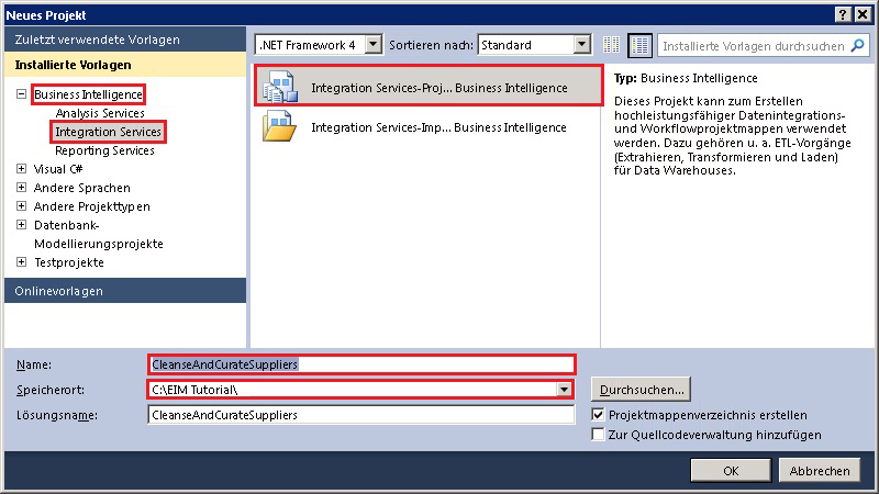 Visual Studio – Neues Projekt (Dialogfeld)