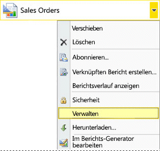 Öffnen des Berichtskontextmenüs und Auswählen von "Verwalten"
