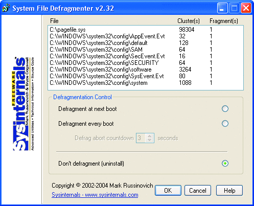 Abbildung 6 In PageDefrag zu defragmentierende Dateien