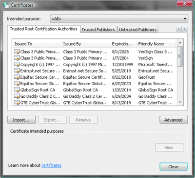 Abbildung 2 In Windows Vista standardmäßig als vertrauenswürdig eingestufte Stammzertifizierungsstellen