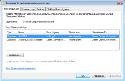 Abbildung&nbsp;2 Nur „Lokales System“ und ein weiterer Benutzer haben Zugriff auf diesen Ordner.