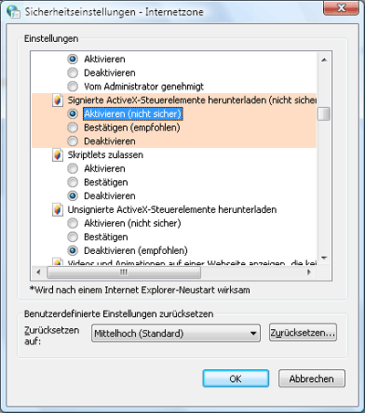 Figure 4 Eine hervorgehobene nicht sichere Einstellung