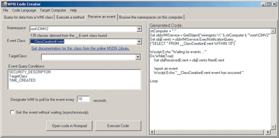 Figure 1 WMI Code Creator Generating Event Notification Code
