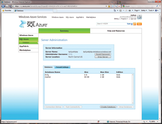 Figure 1 A close look at the SQL Azure control panel