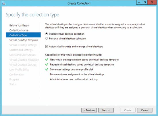 Specifying the collection type in the Create Collection wizard.