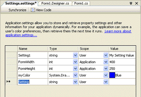 Abbildung 1: Der Einstellungs-Designer in Visual Studio 2005