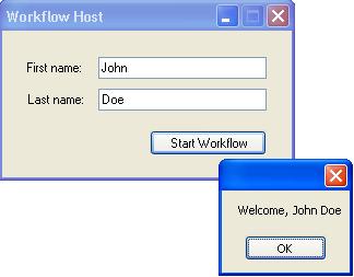 Der parametrisierte Workflow in Aktion, verwaltet von einer Windows Forms-Hostanwendung