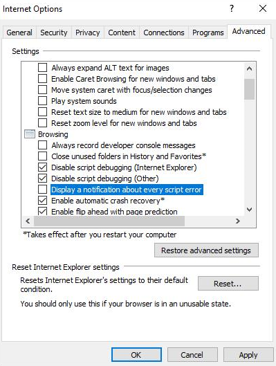 Screenshot des Fensters „Internetoptionen“. Unter der Registerkarte „Erweitert“ ist das Kontrollkästchen „Bei jedem Skriptfehler eine Benachrichtigung anzeigen“ deaktiviert.