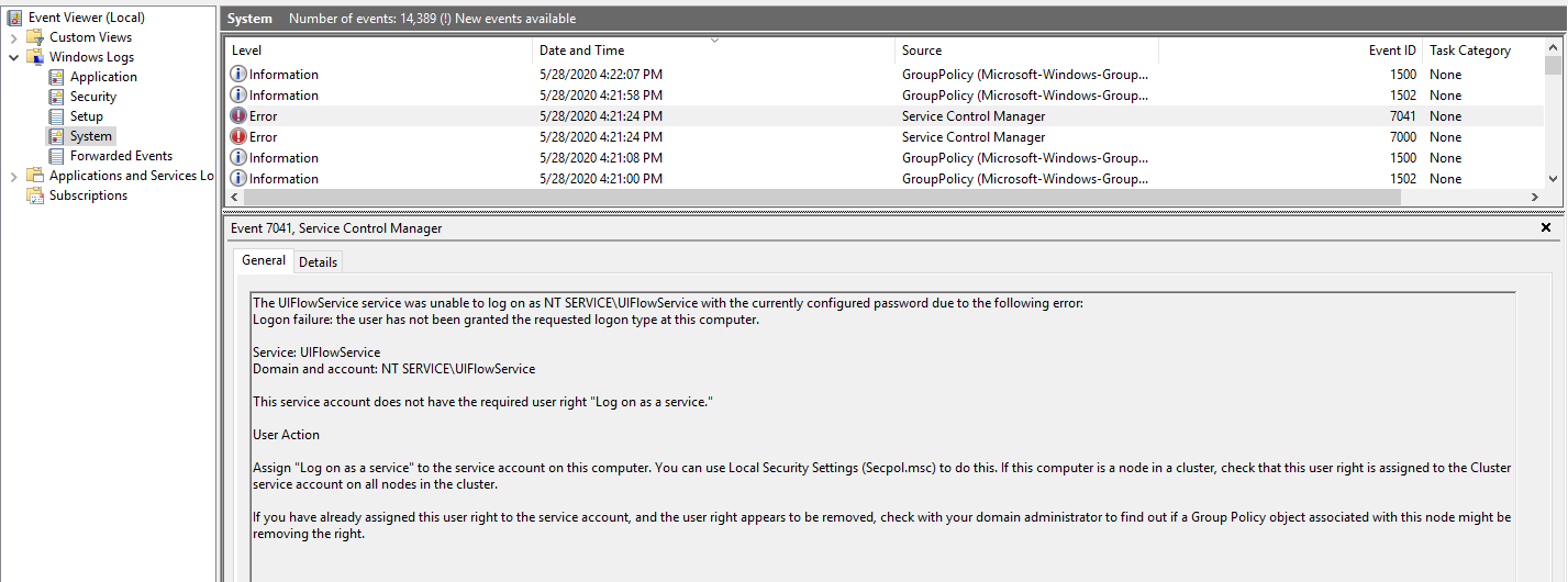 Screenshot der Ereignisanzeige für den Neustartfehler des UIFlowService.