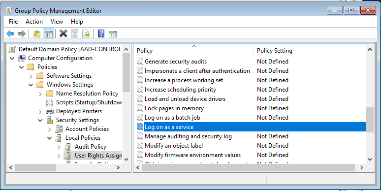 . Screenshot zeigt, dass UIFlowService zum Anmelden als Dienstgruppe hinzugefügt wird.