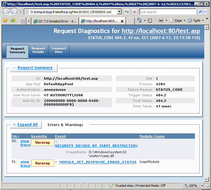 Screenshot: Internet Explorer Die Registerkarte Anforderungszusammenfassung ist ausgewählt, und es werden zwei Warnungen aufgelistet.