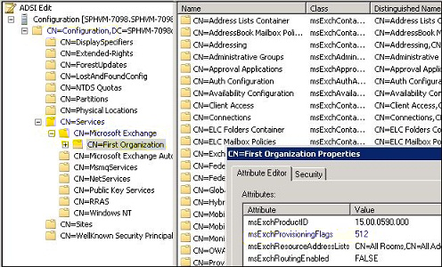 Screenshot: MsExchProvisioningFlags-Wert in AD.