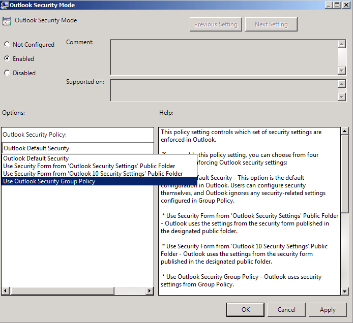 Screenshot zum Festlegen von Outlook-Sicherheits-Gruppenrichtlinie verwenden.