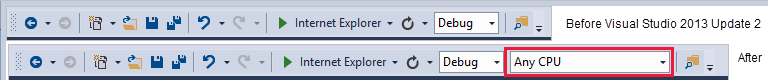 Screenshot zeigt den Unterschied vor und nach dem VS 2013-Update.