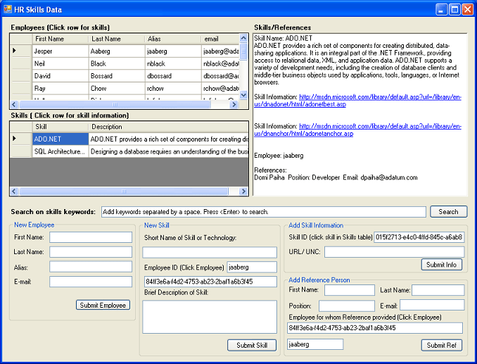 Abfrageergebnisse der Windows-Anwendung "HR Skills"