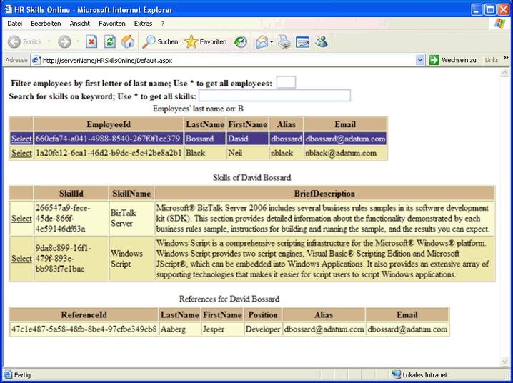 Abfrageergebnisse der ASP.NET-Anwendung "HR Skills"