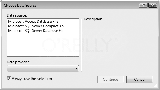 You'll be using a SQL Server database, so select Microsoft SQL Server Database File.