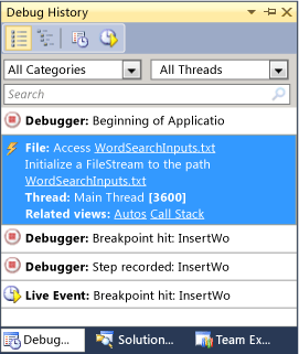 Fenster "Debugverlauf", Ansicht "Diagnoseereignisse"