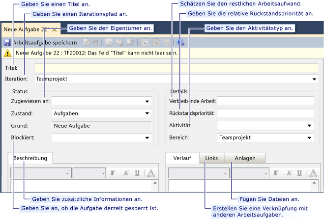 Bildschirmabbildung einer neuen Arbeitsaufgabe vom Typ "Aufgabe"