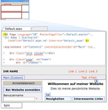 Geteilte Registerkartenansicht des HTML-Designers