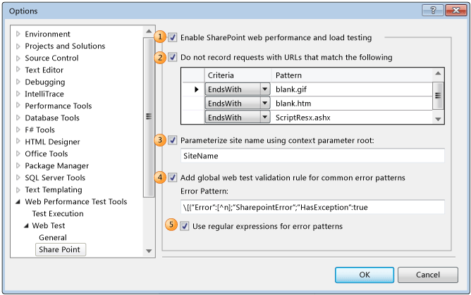 Visual Studio-Optionen für Webtests von SharePoint