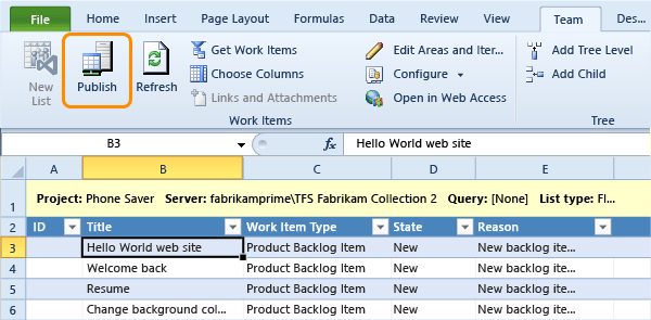 Publish work items from Excel to TFS