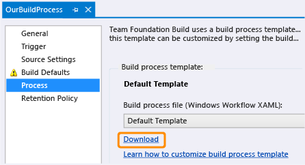 Download link on build definition Process tab