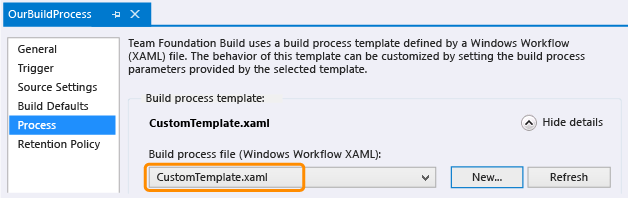 CustomTemplate selected in build definition