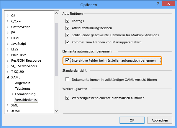 Sonstige XAML-Optionen