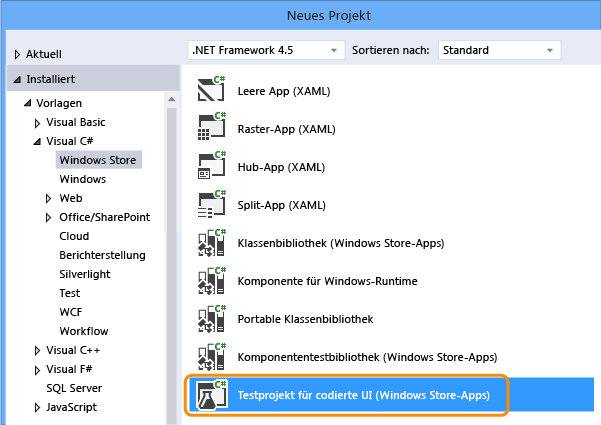 Neues Testprojekt für codierte UI erstellen (Windows Store-Apps)