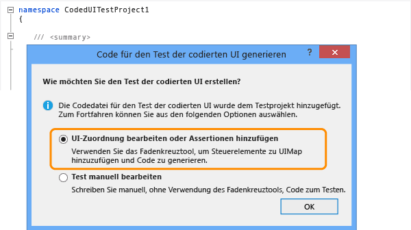 Option zum Bearbeiten der UI-Zuordnung und Hinzufügen von Assertionen auswählen